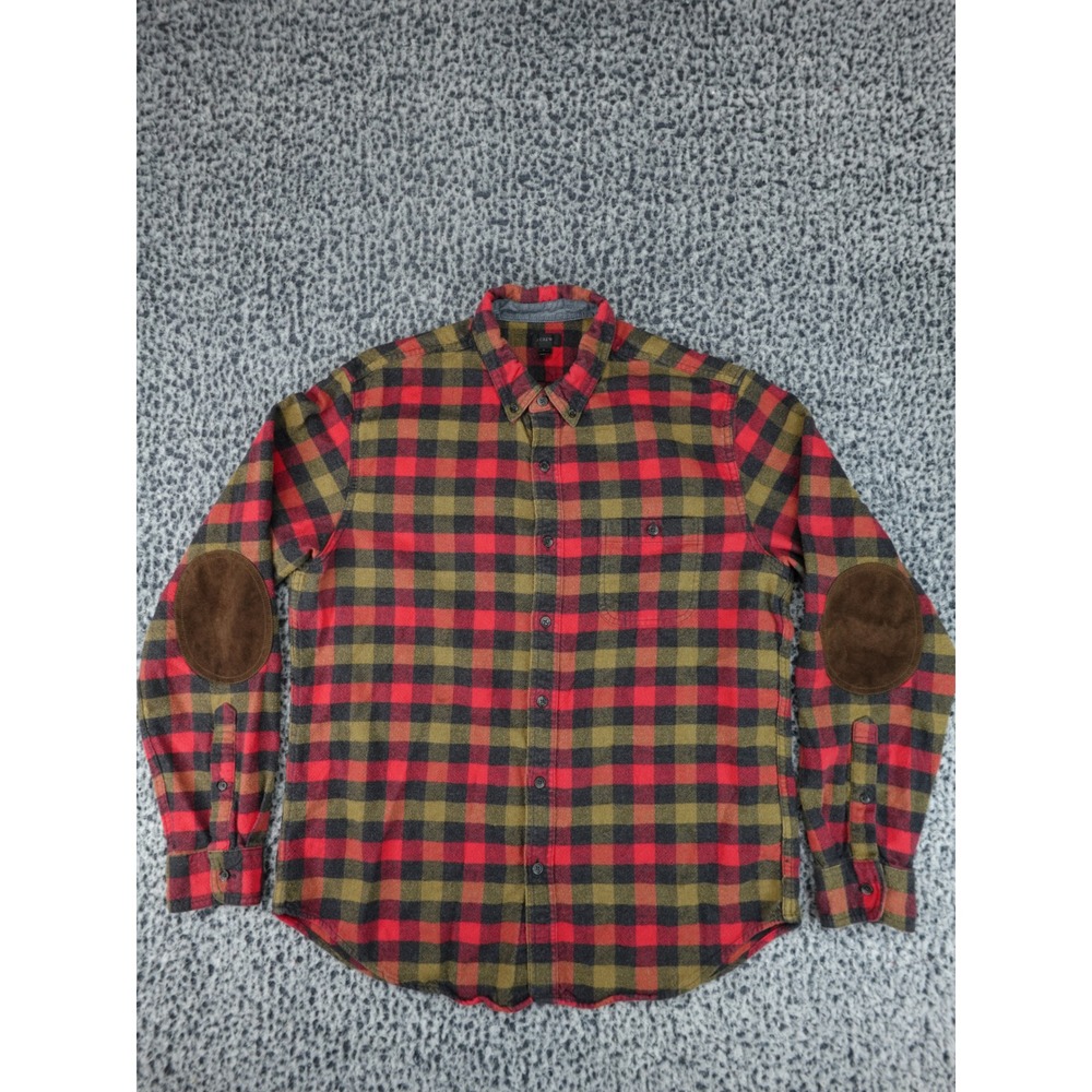 J.Crew Flannel Button Down Mens Large Red Green Plaid Elbow Patches Rugged Shirt